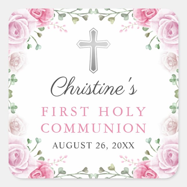 Pink Watercolor Floral First Holy Communion Square Sticker (Front)
