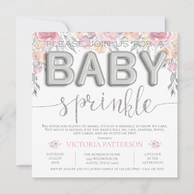 Pink Watercolor Floral Foil Balloon Baby Sprinkle Invitation (Front)
