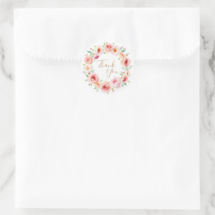 Pink watercolor floral frame thank you classic round sticker
