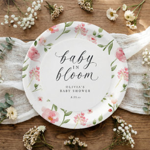 Pink Watercolor Floral Garden Baby in Bloom Shower Paper Plate