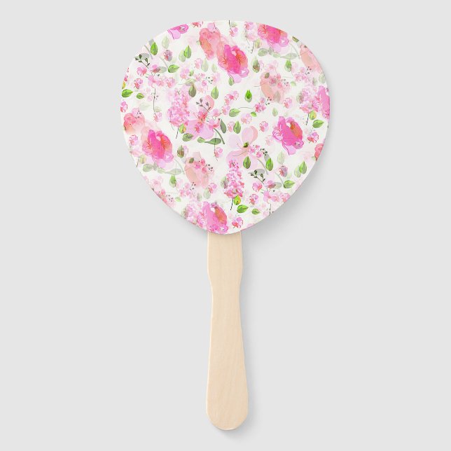 Pink Watercolor Floral Garden Pattern Hand Fan (Front)