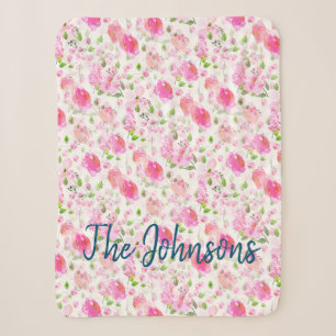 Pink Watercolor Floral Garden Pattern Sherpa Blanket