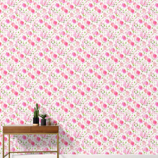 Pink Watercolor Floral Garden Pattern Wallpaper (Hallway)