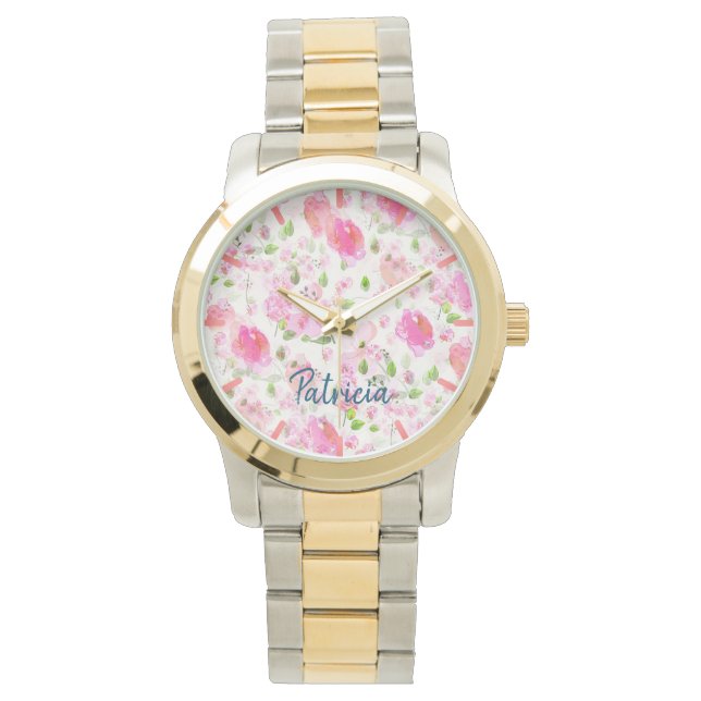 Pink Watercolor Floral Garden Pattern Watch (Front)