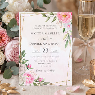 Pink Watercolor Floral Geometric Gold Wedding Invitation