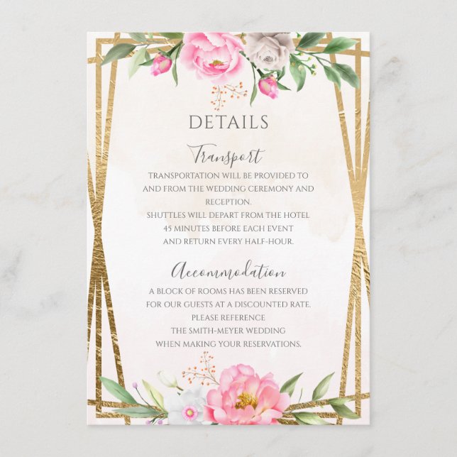 Pink Watercolor Floral Geometric Wedding Details Enclosure Card (Front)
