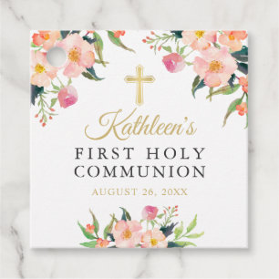 Pink Watercolor Floral Girl First Holy Communion Favour Tags