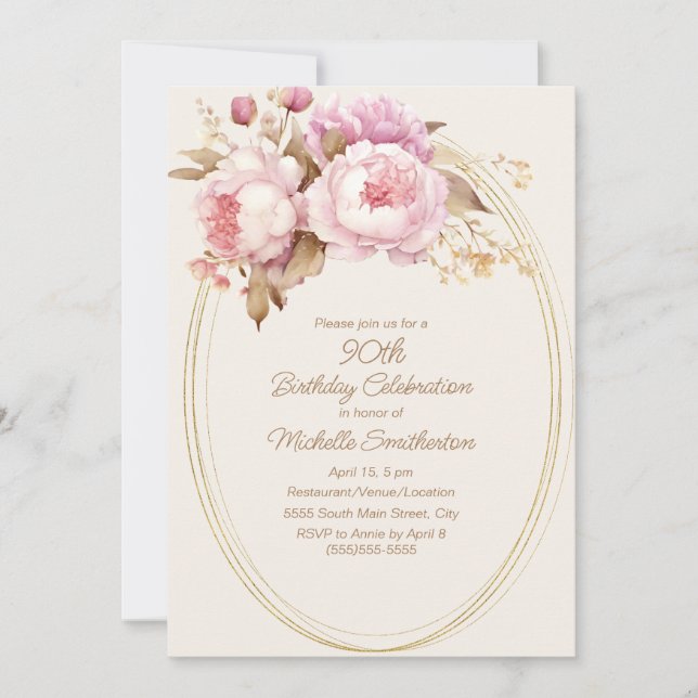 Pink Watercolor Floral Gold Frame 90th Birthday Invitation (Front)