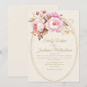 Pink Watercolor Floral Gold Frame Wedding Invitation