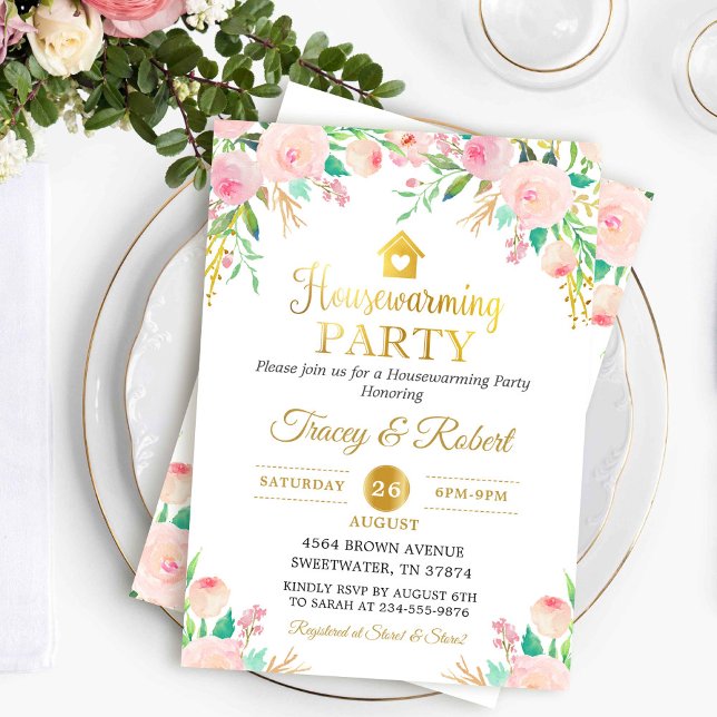 Pink Watercolor Floral Gold Housewarming Invite (Creator Uploaded)