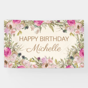Pink Watercolor Floral Happy Birthday Banner