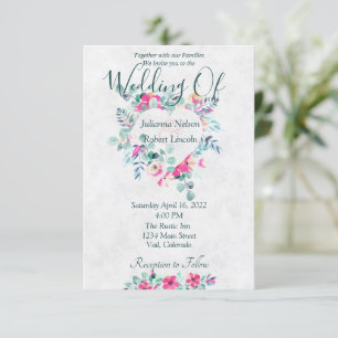 Pink watercolor floral heart wedding invitation
