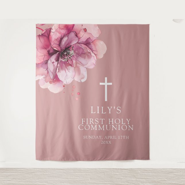Pink Watercolor Floral Holy Communion Backdrop Tapestry (Front)