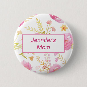 Pink Watercolor Floral ID Baby Shower 2 Inch Round Button