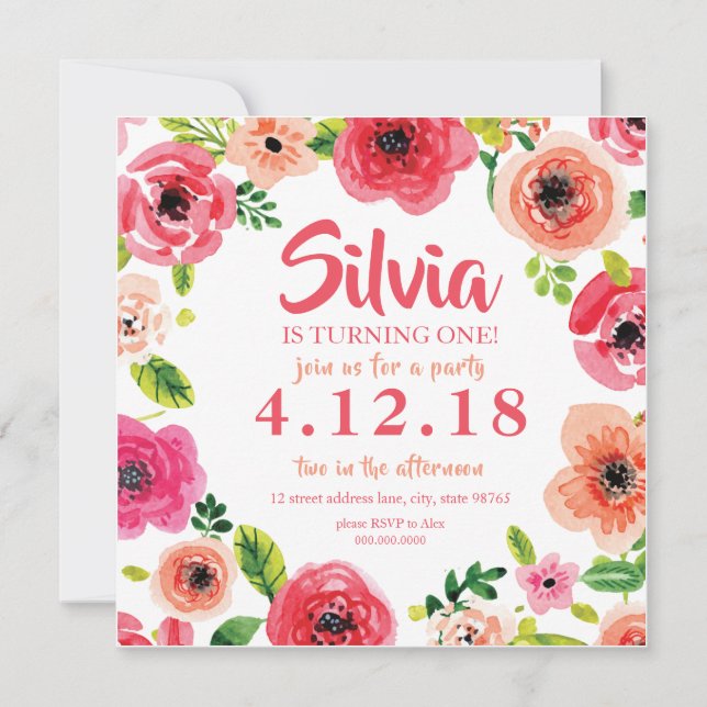 Pink Watercolor Floral Invitation (Front)
