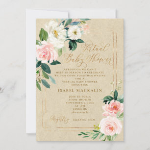Pink Watercolor Floral Kraft Virtual Baby Shower Invitation