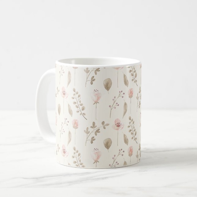 Pink Watercolor Floral Leaves Pattern Pretty Coffee Mug (Front Left)