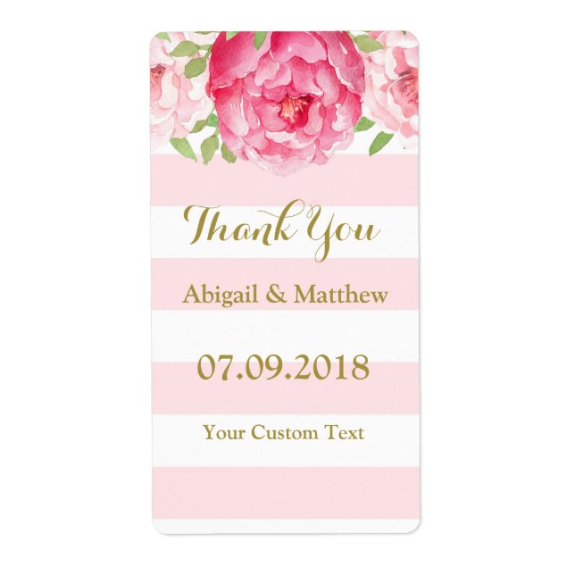 Pink Watercolor Floral Mint Stripes Wedding Labels (Front)