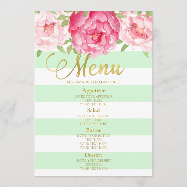 Pink Watercolor Floral Mint Stripes Wedding Menu (Front)