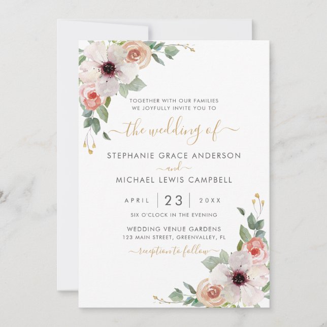 Pink Watercolor Floral Modern Wedding Invitation (Front)