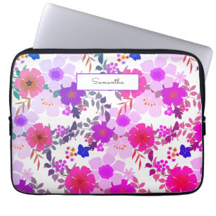 Pink Watercolor Floral Name Laptop Sleeve
