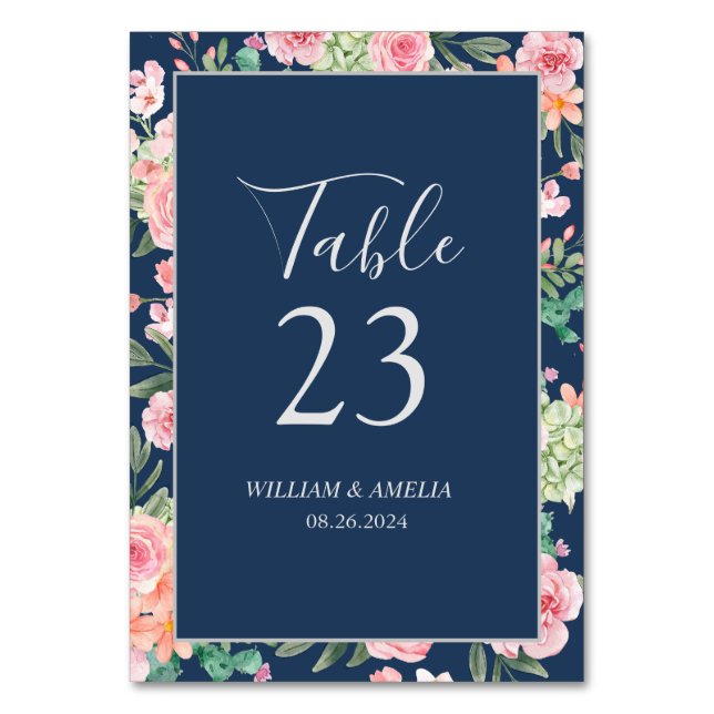 Pink Watercolor floral Navy blue Wedding  Table Number (Front)