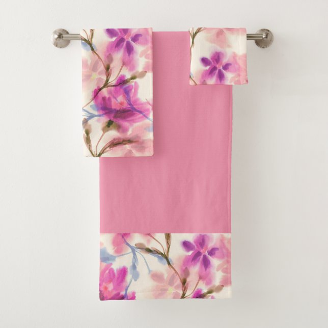 Pink watercolor floral pattern bath towel set (Insitu)