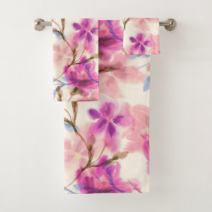 Pink watercolor floral pattern bath towel set