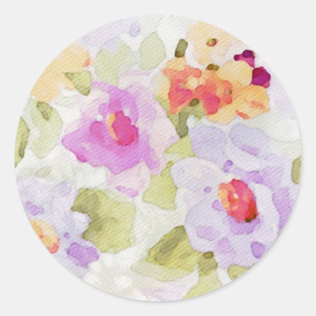 Pink Watercolor Floral Pattern Classic Round Sticker (Front)