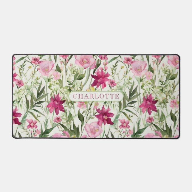 Pink Watercolor Floral Pattern Personalized Name Desk Mat (Front)
