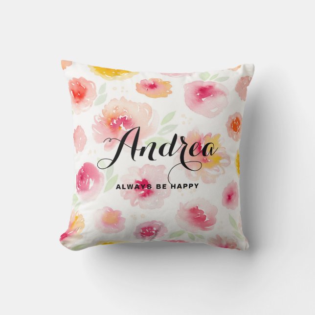 Pink Watercolor Floral Pattern Personalized Pillow (Front)