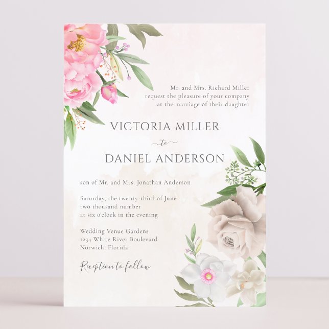 Pink Watercolor Floral Peonies Elegant Wedding Invitation (Creator Uploaded)