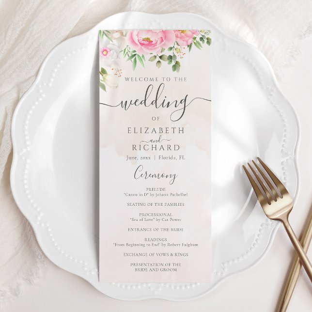 Pink Watercolor Floral Peonies Elegant Wedding Program (Creator Uploaded)