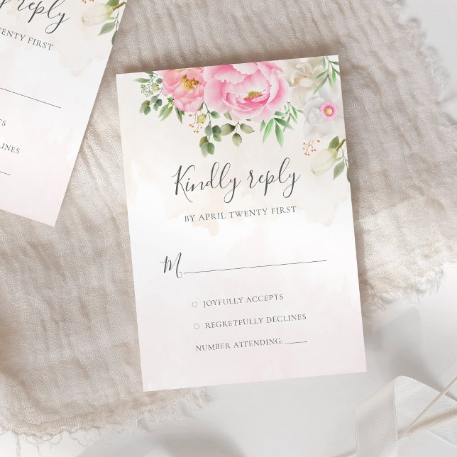 Pink Watercolor Floral Peonies Elegant Wedding RSVP Card (Creator Uploaded)