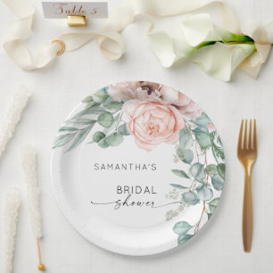Pink Watercolor Floral Peony Bridal Shower Paper Plate