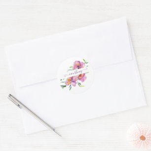 Pink watercolor floral personalized classic round sticker