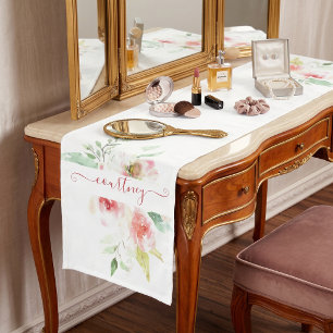 Pink watercolor floral personalized dressing short table runner