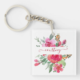 Pink watercolor floral personalized keychain