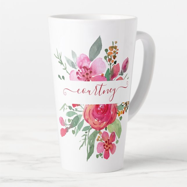 Pink watercolor floral personalized   latte mug (Right Angle)