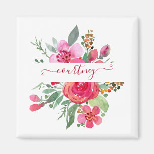 Pink watercolor floral personalized magnet