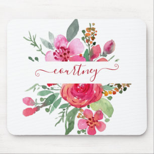 Pink watercolor floral personalized mouse pad