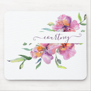 Pink watercolor floral personalized mouse pad