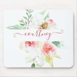Pink watercolor floral personalized mouse pad