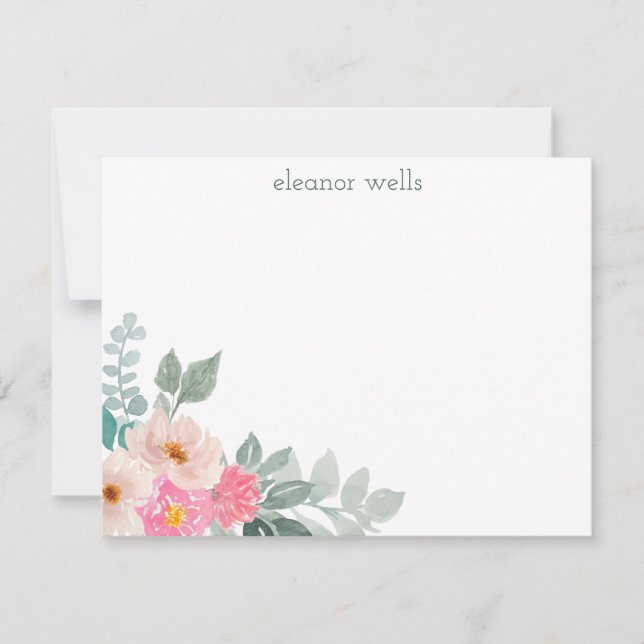 Pink Watercolor Floral Personalized Stationery Card (Front)