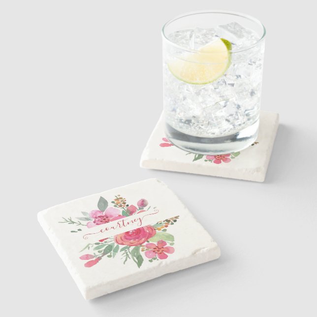 Pink watercolor floral personalized   stone coaster (Side)
