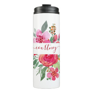 Pink watercolor floral personalized thermal tumbler