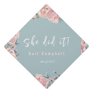 Pink watercolor floral photo graduation cap topper
