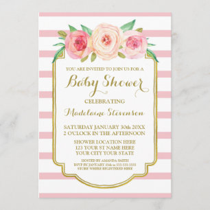 Pink Watercolor Floral Rose Stripes Baby Shower Invitation