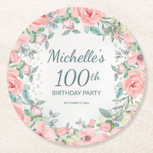 Pink Watercolor Floral Roses 100th Birthday Name Round Paper Coaster