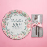 Pink Watercolor Floral Roses Pearls 100th Birthday Paper Plate<br><div class="desc">Pretty 100th birthday party custom birthday party paper plates designed with elegant blush pink watercolor floral, greenery, and pearls. Personalized with the name of the guest of honour and her party date. Text is fully customizable, so design these plates for anyone of any age. Contact me for assistance with your...</div>